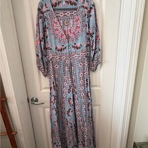 Spell Long Sleeve Maxi Dress in Light Blue with Pink Floral Print